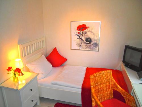 Berghotel Wintersberg في باد إمس: غرفة نوم صغيرة بها سرير وتلفزيون