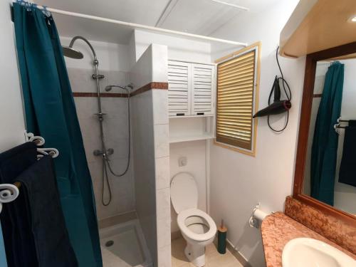 a bathroom with a shower and a toilet and a sink at Hauts de Caritan in Sainte-Anne