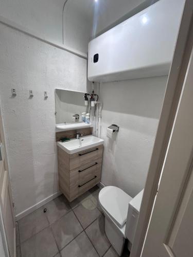 a white bathroom with a toilet and a sink at Le cabanon in Puyloubier
