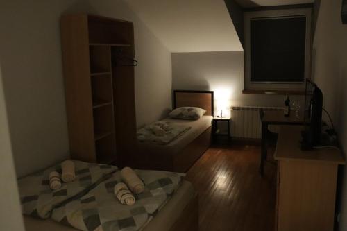 two twin beds in a small room with a sink at Apartments Peka in Dušanovac (historical)