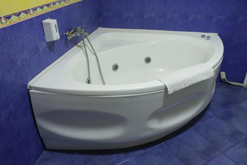 a white bath tub in a blue bathroom at Apartments Peka in Dušanovac (historical)
