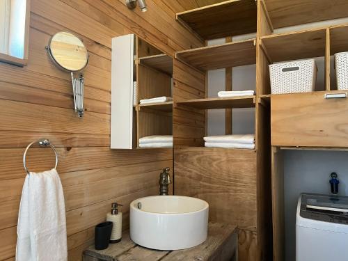 a bathroom with a white sink and wooden walls at Ventana al Castillo in Villa Cerro Castillo