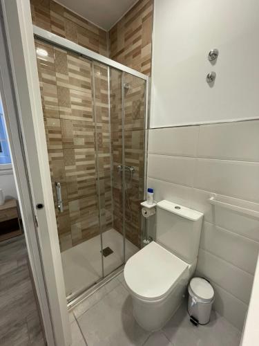 a bathroom with a toilet and a glass shower at Paseo Malecón Hab in Monforte de Lemos