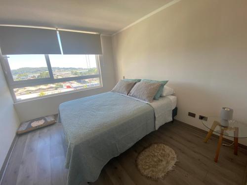 ein Schlafzimmer mit einem Bett und einem großen Fenster in der Unterkunft Depto Parque Víctor lamas in Concepción