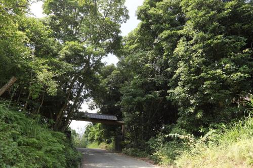 a road with a bridge in the middle of trees at Onsensui Pool & Fufu Rotenburo no Hanareyado Yurian in Ibusuki