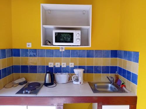 a kitchen counter with a sink and a microwave at Bungalow nature zen in Le Gosier