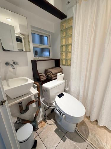 a bathroom with a white toilet and a sink at Private Studio in an Edwardian Town Home in San Francisco