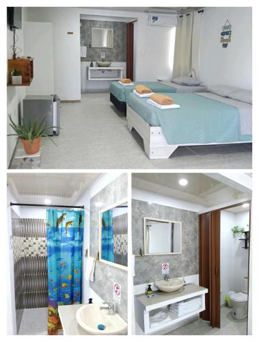 two pictures of a bedroom with a bed and a bathroom at Posada In the Caribbean in Providencia