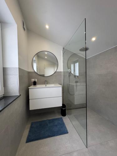 a bathroom with a sink and a mirror and a shower at Melem Apartments 2 in Langen