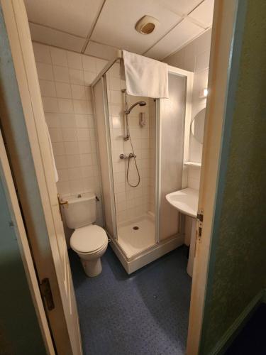 a bathroom with a shower and a toilet and a sink at Chambre chez Marie et Didier 1 minute à pied du sanctuaire de Lourdes in Lourdes