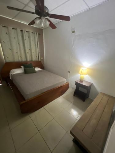 a bedroom with a bed and a ceiling fan at Pumila House in Villa Rosario