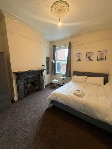 a bedroom with a bed and a fireplace at Near city centre, Derby train station and royal Derby hospital in Derby