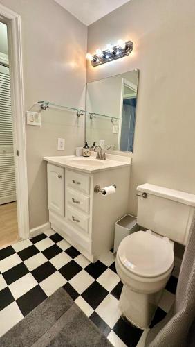 a bathroom with a toilet and a sink and a mirror at 2200SQFT Coastal home on half Acre in Jacksonville