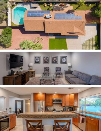 a kitchen and a living room with a house with solar panels at 3bdr Remodeled Scottsdale Desert Pool Oasis and Entertainment in Phoenix