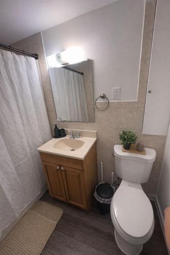 a bathroom with a toilet and a sink and a mirror at Ariia Fort Lauderdale Airport in Fort Lauderdale