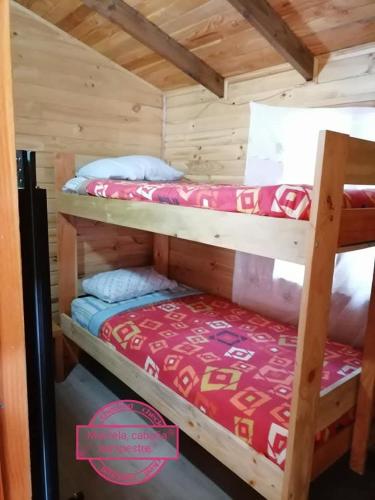two bunk beds in a wooden cabin with a red blanket at Cabaña borde rio in Pucón