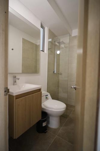 a bathroom with a toilet and a sink and a shower at Praseo in Serena del Mar