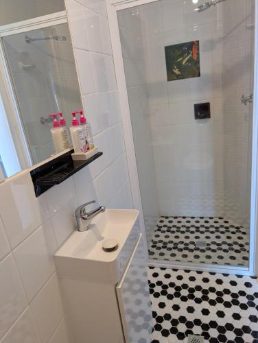 a white bathroom with a sink and a shower at The Elephants Nest in Victor Harbor