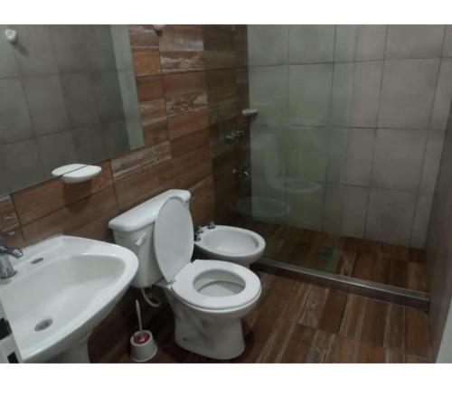 a bathroom with a white toilet and a sink at Casa con pileta San Luis Juana Koslay in Juana Koslay 