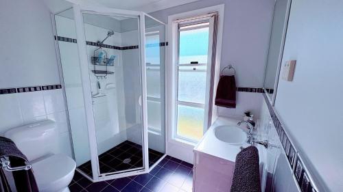 a bathroom with a shower and a toilet and a sink at Diamond Beach Getaway - Diamond Beach in Diamond Beach