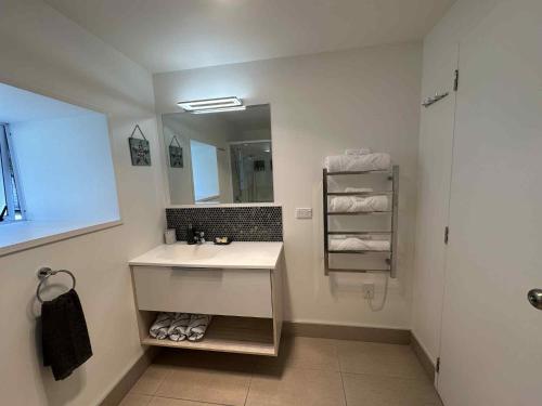 a bathroom with a sink and a mirror at Coromandel Seaview Motel in Coromandel Town