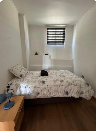 a bedroom with a bed and a sink and a window at Habitación donde Max in Valparaíso