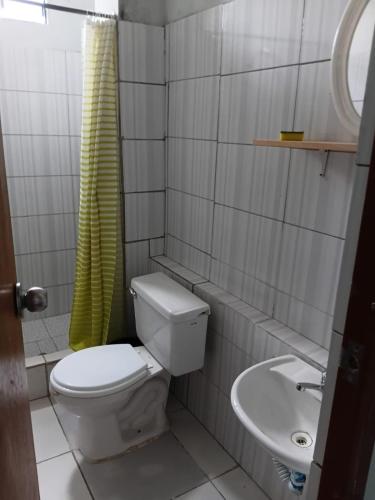 a small bathroom with a toilet and a sink at Hospedaje Anny in Larán