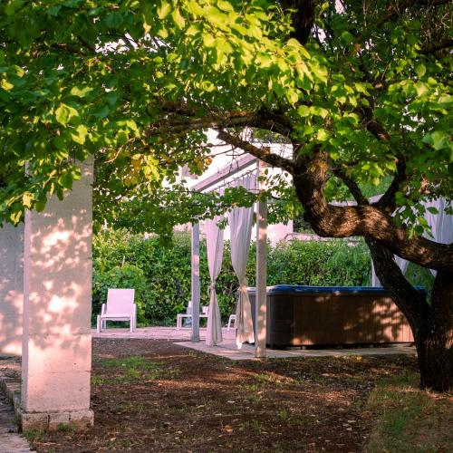 a group of white chairs under a tree at House With Jacuzzi Among Orchards In Cisternino in Cisternino