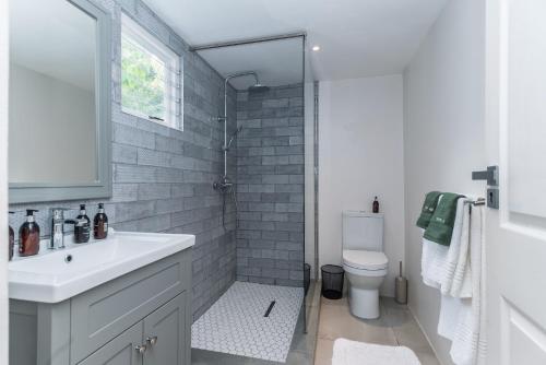 a bathroom with a shower and a sink and a toilet at 2 on Hope in Simonʼs Town