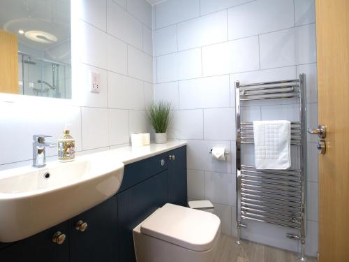 a bathroom with a sink and a toilet and a mirror at Honeybee Cottage in Penrith