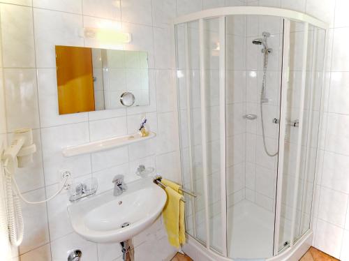 een badkamer met een douche en een wastafel bij Haus Blankus in Brand