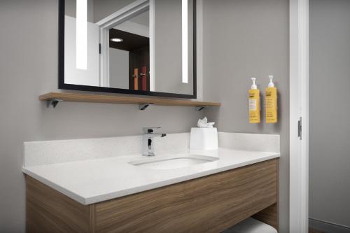 a bathroom with a sink and a mirror at Tru By Hilton Concord Charlotte in Concord