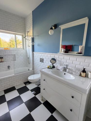 ein Badezimmer mit Waschbecken, Badewanne und Toilette in der Unterkunft Green Door Country Home Ein Zivan in Ein Zivan