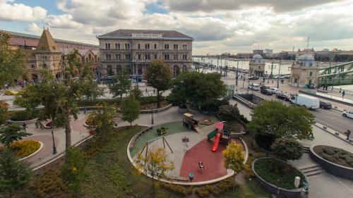 an aerial view of a city street with buildings at Butterfly Home Danube in Budapest
