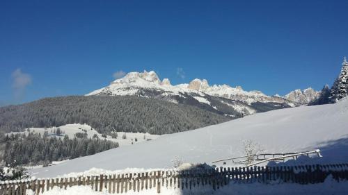 a snow covered mountain with a fence in the foreground at Ciasa Alpina Relax Hotel in Moena