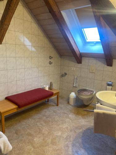 a bathroom with a toilet and a skylight at Pension zur Post in Waal