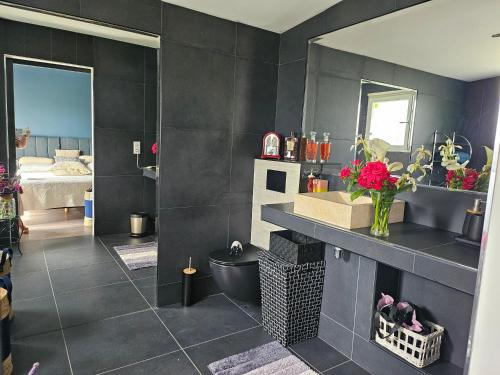 a bathroom with a fireplace with a sink and a mirror at Millésime in Perville