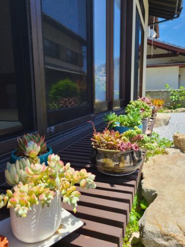 a row of potted plants sitting on a porch at Daizaifu Guest House 1 in Dazaifu