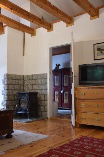 a living room with a television and a fireplace at Willa Tyrolczyk in Karpacz