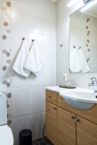 a bathroom with a sink and a mirror at Hotel Hiisi Hill in Jämsä