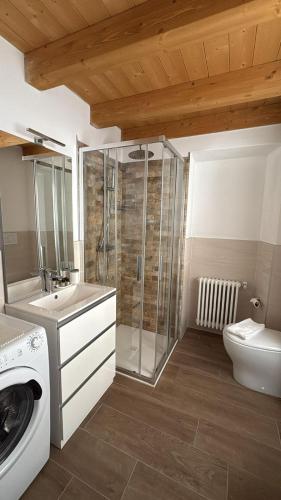 a bathroom with a shower and a washing machine at La Primula Panoramic View - Valmalenco in Chiesa in Valmalenco