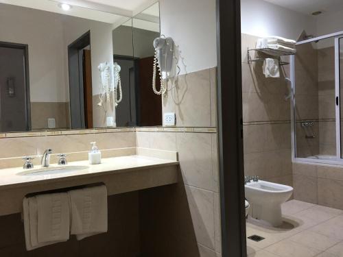 Un baño con lavabo, inodoro y espejo. en Triplex Somuncura, en Las Grutas