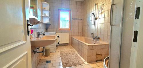 a bathroom with a sink and a tub and a toilet at Haus an der Mur in Mureck