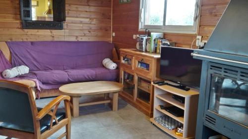 een woonkamer met een paarse bank en een tv bij Entre dunes et mer in Les Moitiers-dʼAllonne