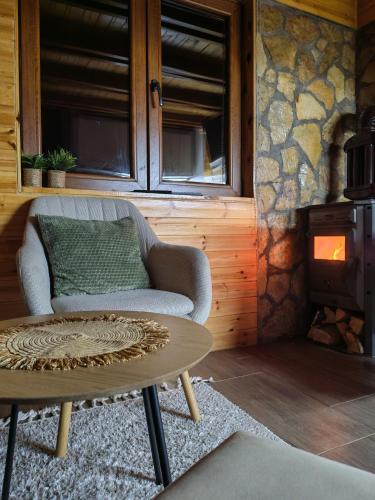 a living room with a couch and a table and a fireplace at vikendica tarska car in Mitrovac