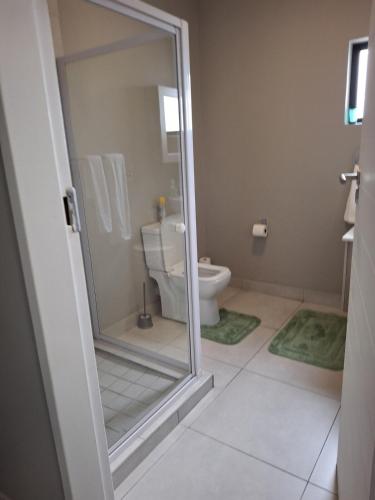 a bathroom with a toilet and a glass shower door at Oak and Olive Retreat Midrand in Midrand