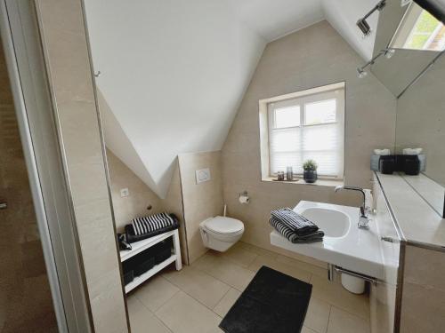 a bathroom with a toilet and a sink and a window at Dorf 36 in Ording