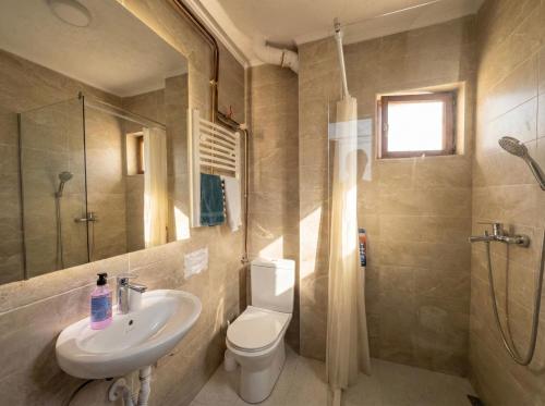 a bathroom with a sink and a toilet and a shower at Golden Bay Apartment in Kotor