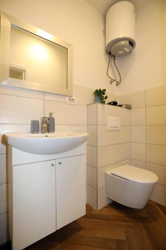 a bathroom with a sink and a toilet and a mirror at DJ Pula Studio - City Center in Pula
