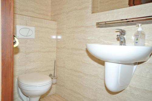 a bathroom with a white sink and a toilet at Pass Hotel in Zebrzydowice